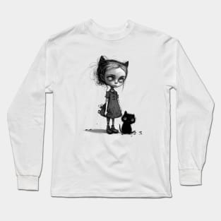 Little Girl with black Cat Long Sleeve T-Shirt